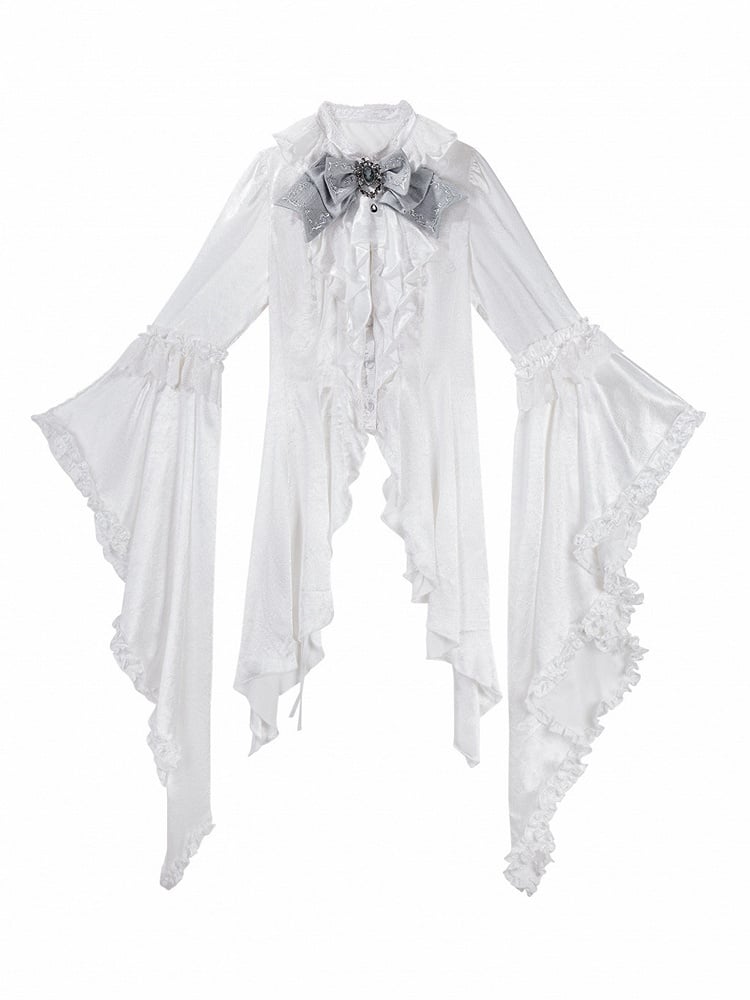 White Ruffled Bell Sleeve Gothic Lolita Blouse with Bow Tie - Unknown Star