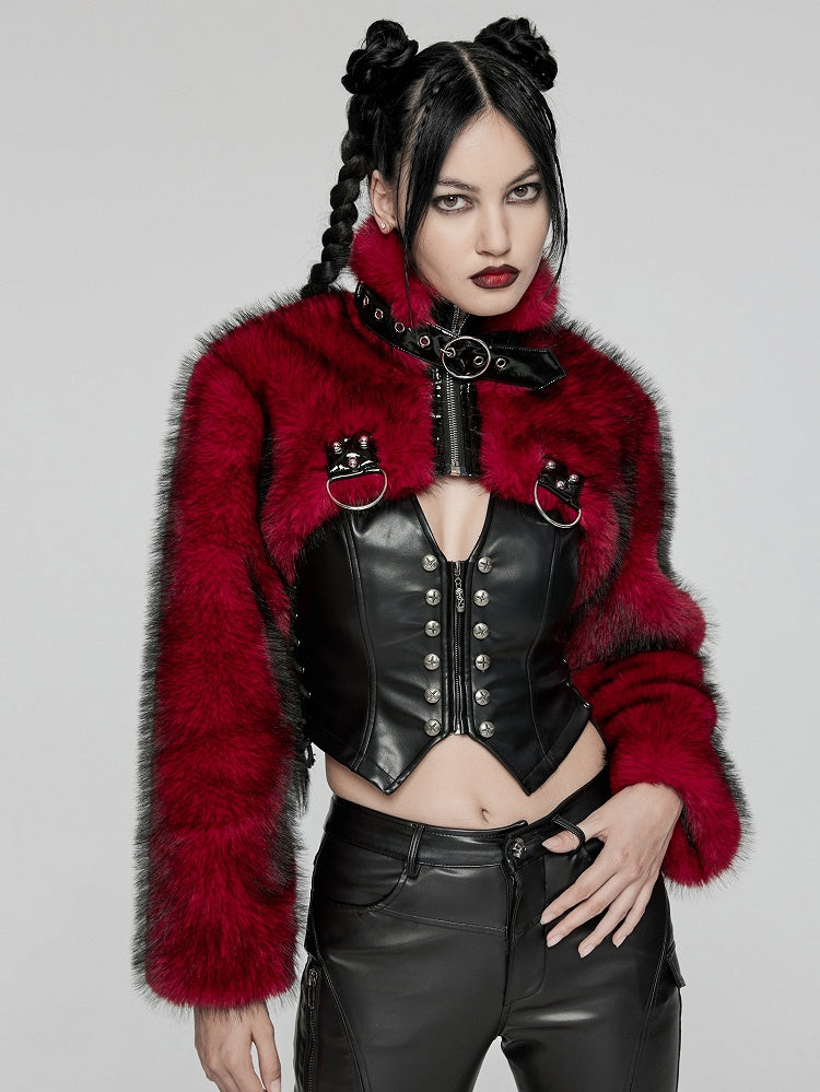 Black Personalized Jacket Red Short Punk Fur