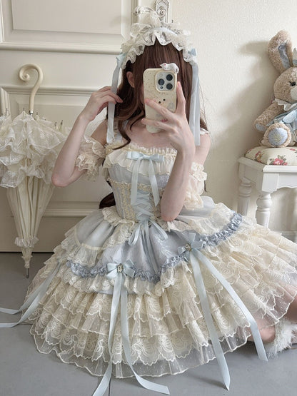 Details Sweet + Skirt Bow Large Princess Lace with Train Blue Dress / Ribbon Only Ballet-Style JSK Multi-Layer