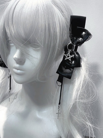 Bow Hairclips Black/Gray Punk Pentacle Kei Charm Studded Jirai