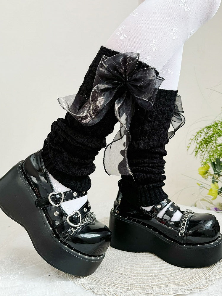 Schwarz/Weiße Lolita-Beinwärmer mit Organza-Schleife