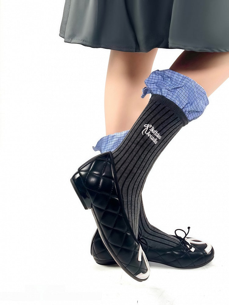 Socks Striped Colors Pattern Ruffles Embroidery Blue 3 Cotton Letter with Vertical Plaid