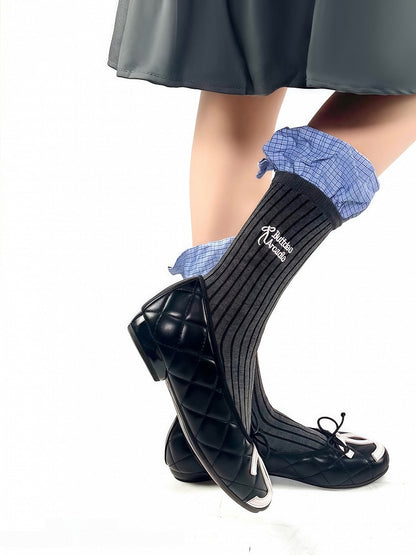 Socks Striped Colors Pattern Ruffles Embroidery Blue 3 Cotton Letter with Vertical Plaid