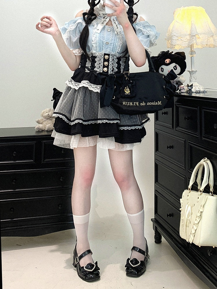 Jirai Kei Black/White/Red/Light Open Shoulder Sweetheart Blue