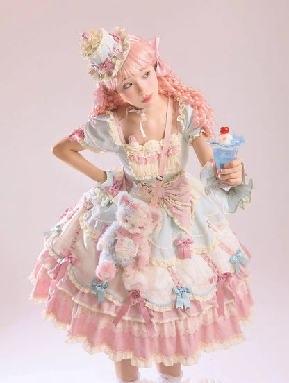 Sweet Blue Details Neckline Lolita Pink Dress Sleeves Square and Bowknot Puff