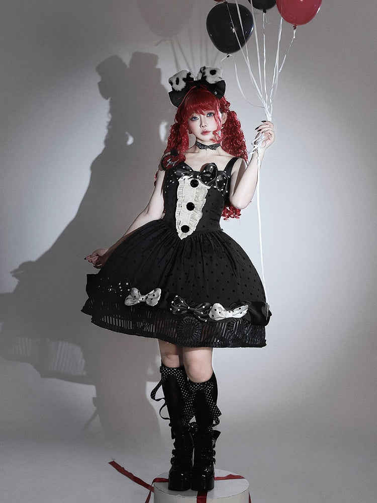 Black White Polka Dot Gothic Lolita Jumper Skirt with Bows Striped Hem - Tan Tuan