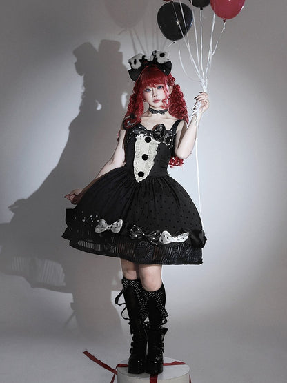 Black White Polka Dot Gothic Lolita Jumper Skirt with Bows Striped Hem - Tan Tuan