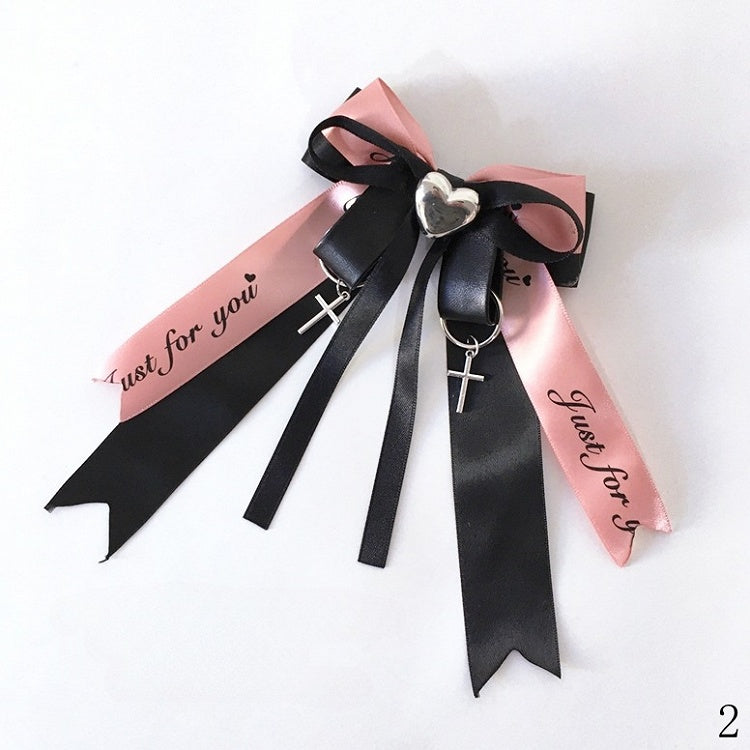 with Kei Ribbon and Charms Black/Black Pink Cross Rhinestone Heart-Shaped Bow Jirai Hairclips
