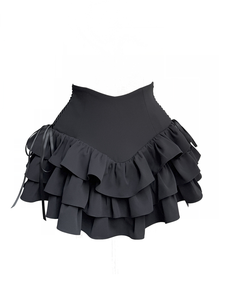 Black Gothic Lolita Layered Ruffle Skirt for Waist 58-66cm - Moonveil Manuscript