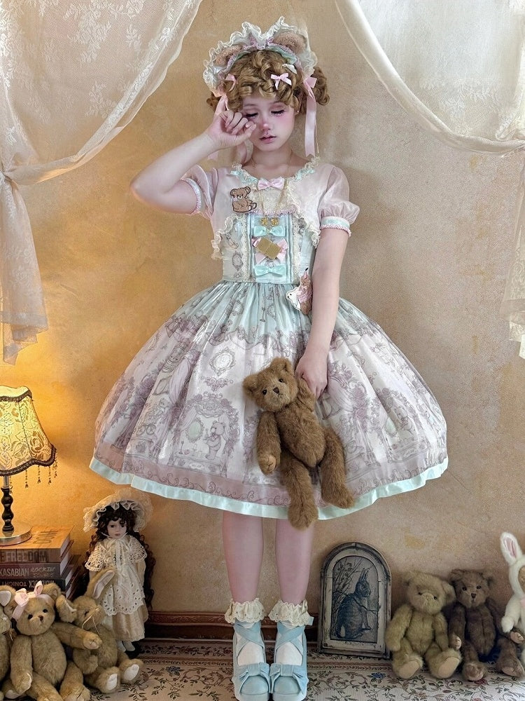 Rose & Mint Short Sleeve OP Gown with Bear Motif - Lunethe