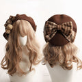 Kaffee/Khaki/Karamell/Beige mit Schleife Baskenmütze Pom-Pom Akzente Plaid