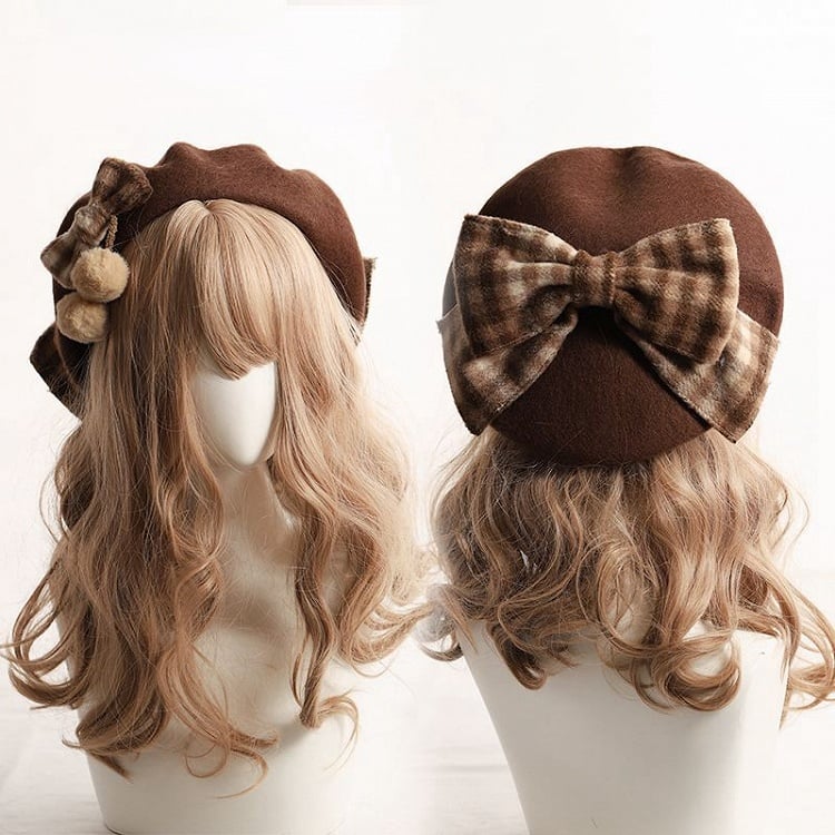Coffee/Khaki/Caramel/Beige with Bow Beret Pom-Pom Accents Plaid