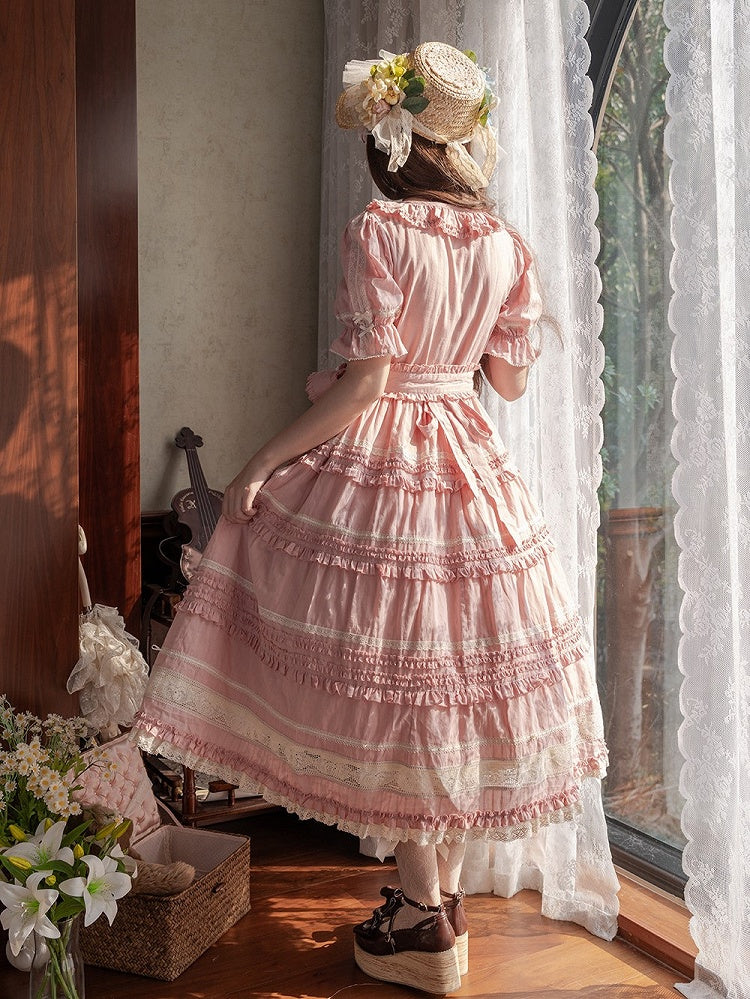 Pink Layered Ruffles Elegant Dress with Front Buttons - Miss Point
