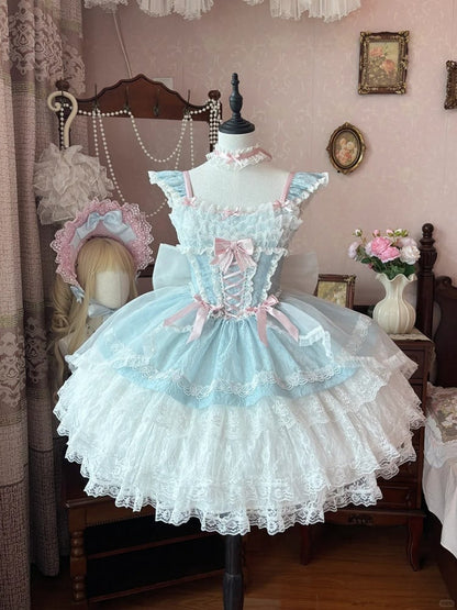 Lolita Light Sleeves Balletcore Blue Jumper Sweet Flutter Three-layered Tiered Skirt