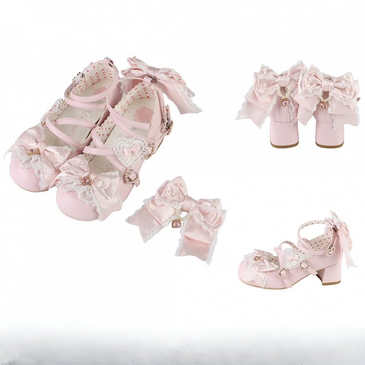 Shoes Details Heels Bowknot Straps Sweet Design Pink Buckle 2CM/5CM Heart Lolita Crisscross Block