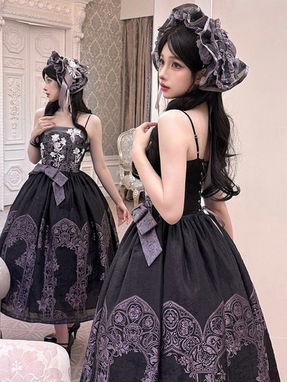 Asian Noir Purple Boned Bow Floral JSK Dress - Yimu Walnut