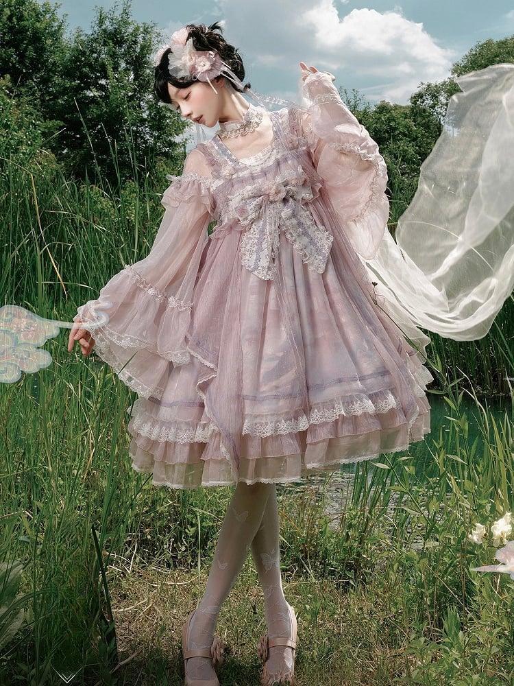 Han Bow Lolita Stück Langes Rosa-Lila Halbtransparente Printärmel Großes Kleid Whale Wide One