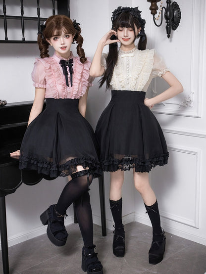 Pink Ruffled Blouse & Black Short Skirt Fake Two Pieces Lolita Dress - With PUJI