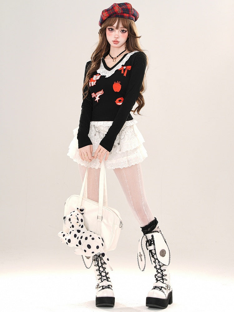 Schwarz/Graues Cartoon-Top mit V-Ausschnitt und Spitzenbesatz