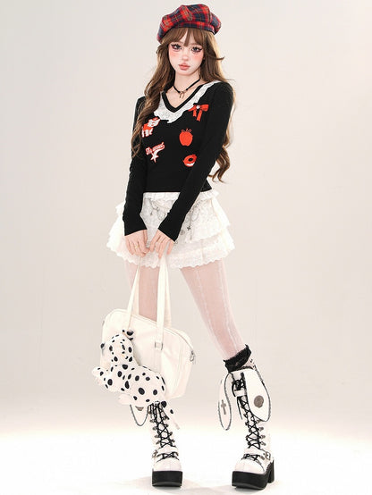 Schwarz/Graues Cartoon-Top mit V-Ausschnitt und Spitzenbesatz