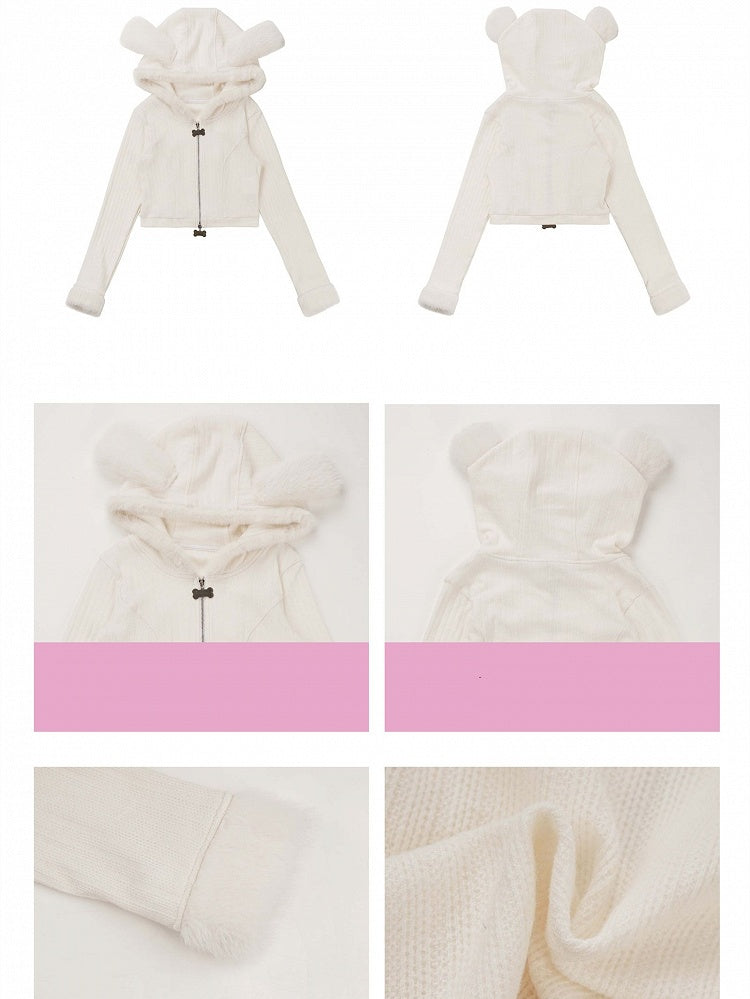 カーディガン パピーイヤー フード付き ホワイト プラッシュ