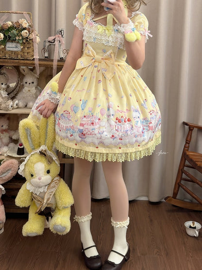 Gelbes kurzes Lolita-Kleid mit Cake Bunny-Ärmeln, süßem Print und Puffärmeln