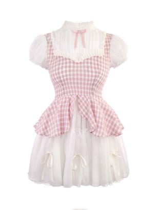 With Two-Piece Faux Pink Dress Pattern Plaid White