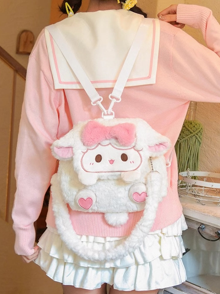 Weißes Lamm Bowknot Plüsch Klappe Rucksack Tasche mittlere/große Größe