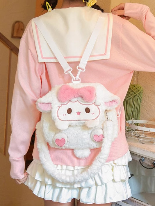 White Lamb Bowknot Plush Flap Backpack Bag Middle/Large Size