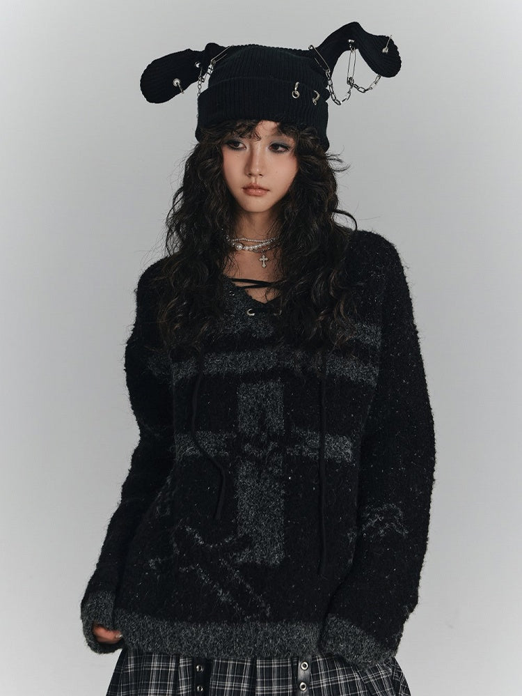 Lace-up Black Print with Crisscross Gray Sweater Cross Punk V-Neck