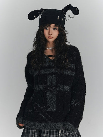 Lace-up Black Print with Crisscross Gray Sweater Cross Punk V-Neck