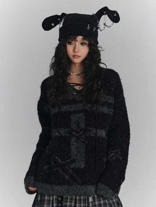 Lace-up Black Print with Crisscross Gray Sweater Cross Punk V-Neck