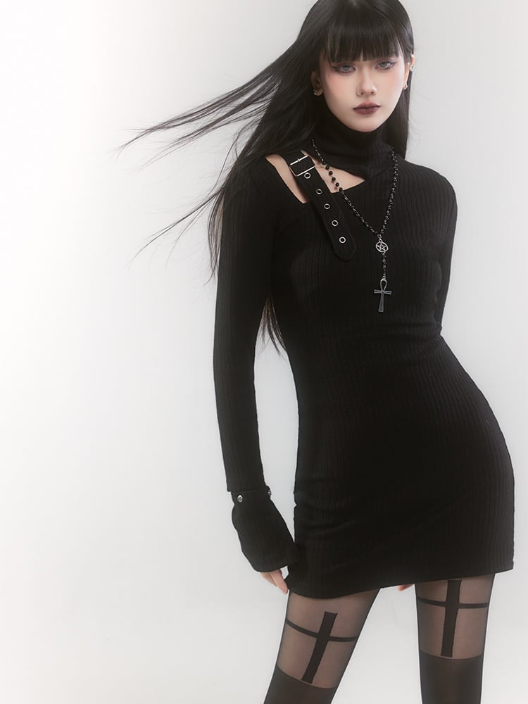 Black High Neck Cutout Shoulder Buckle Strap Thigh-length Knitted Dress