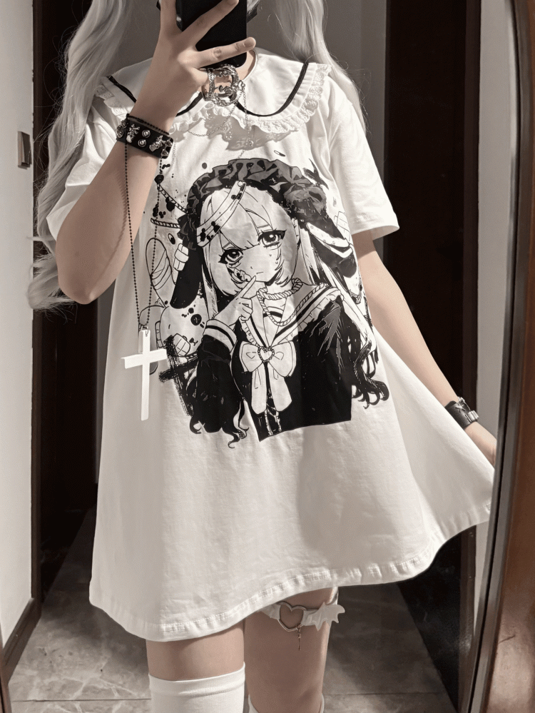 Pan Jirai Kei T-shirt White Anime Girl Print Peter Collar