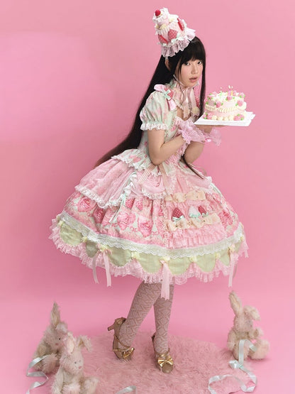 Green & Pink Strawberry Cake Print Bell Sleeve Lolita Dress - Ball Lolita