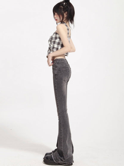 Washed Gray Jeans Low-Rise Flared with Finish Fly Button