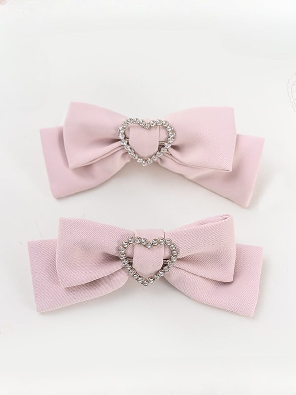 ジライケイ デコレーションハート 蝶結び ラインストーン ヘアクリップ ブラック/ピンク