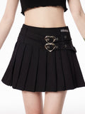 Style Pleated Skirt Double Heart Buckles Black Preppy