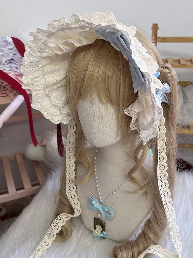 Lace Sweet Bonnet Lolita Bowknot Beige Blue