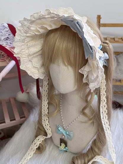 Lace Sweet Bonnet Lolita Bowknot Beige Blue