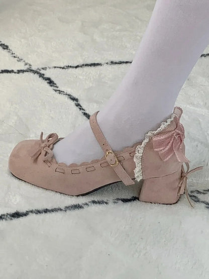 Mid - Toe Bow Lolita Pink Elegant for Square Heel Mary Janes Accent with