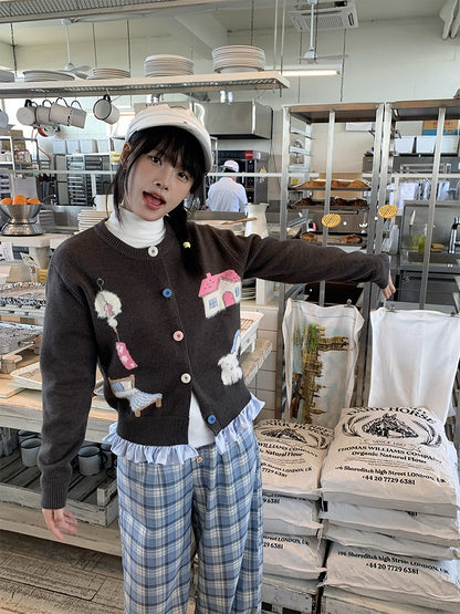 Gray Print Button Home Sweater Warm with Front