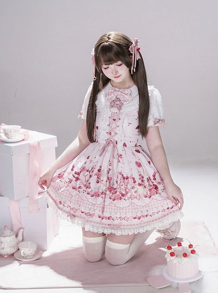 Pink Bunny and Cherry Print Short-Sleeve OP Dress with Matching Skirt - Doki Cherry