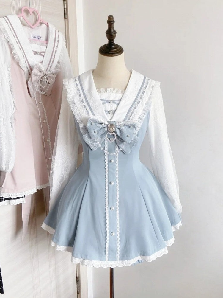 Navycore Jirai Kei Light Blue Sailor Collar Long Sleeve Mini Dress Shorts - Broken Bear