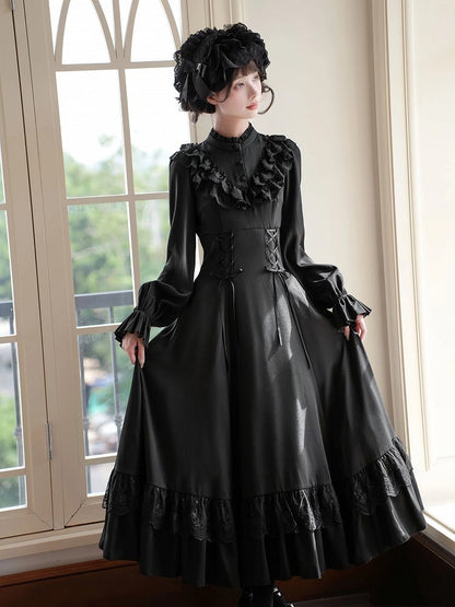 Neckline Lace-up Ruffle with Lolita Dress Shawl Detachable Waist Black Elegant