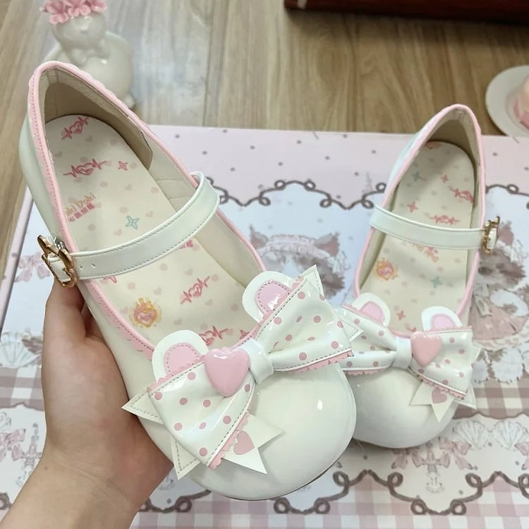 PU Pink Sweet Cute Low-heel Bear-Themed in Janes Mary Lolita White