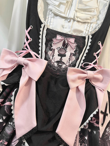 Süßes Lolita-Kleid mit Hasen- und Sargmotiv in Schwarz und Rosa