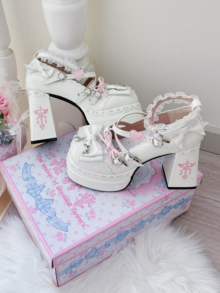 in Heels White Block High Sweet PU Decor Leather Bow -