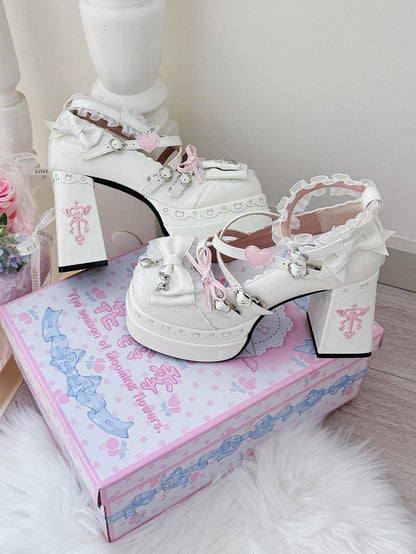 in Heels White Block High Sweet PU Decor Leather Bow -