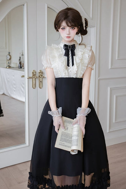 Beige Ruffled Blouse & Black Long Skirt Fake Two Pieces Lolita Dress - With PUJI
